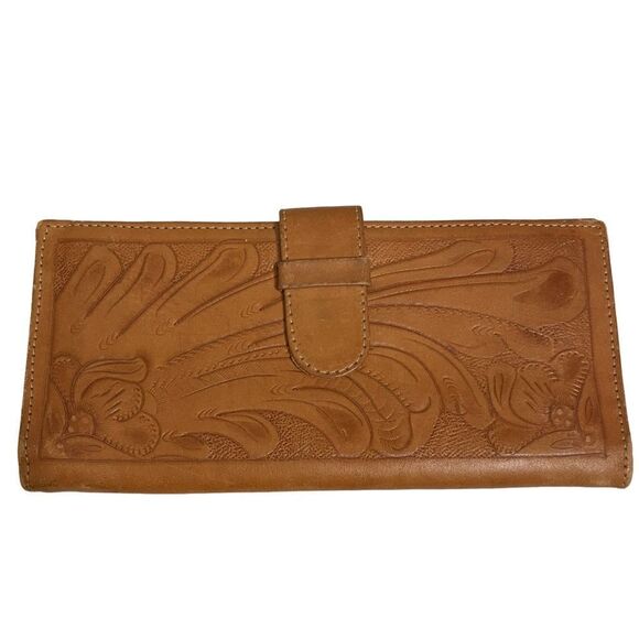 Tan/Orange Floral Faux Leather Large Wallet with Numerous Pockets - Picture 1 of 13